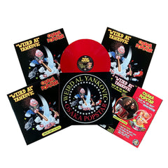 Red vinyl record and colorful album covers featuring Osaka Popstar and Weird Al artwork