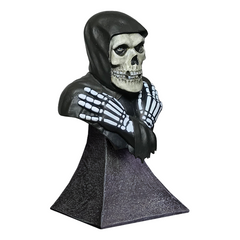 Skull-faced figure in hooded robe on dark base, part of Misfits Fiend mini bust collection
