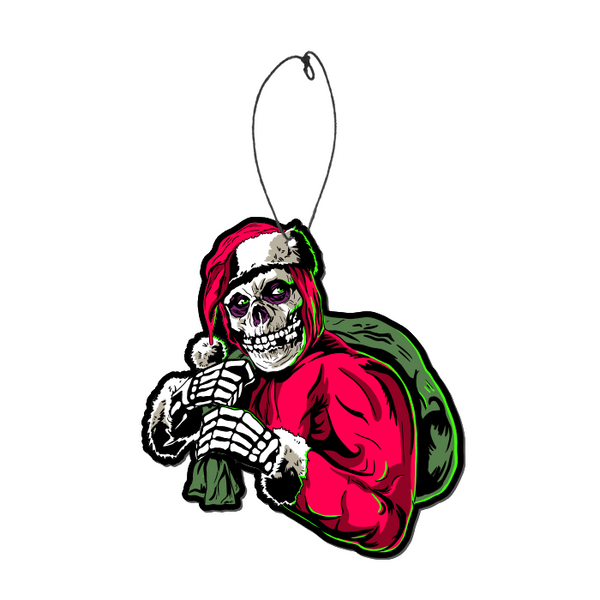 Skeleton dressed as Santa Claus with a green sack for Misfits Holiday Fiend Fear Freshener