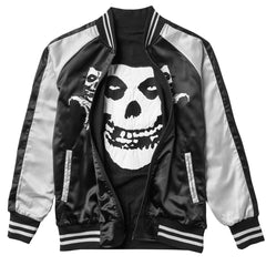 Black and silver satin Misfits Reversible Jacket with skull design and embroidered details