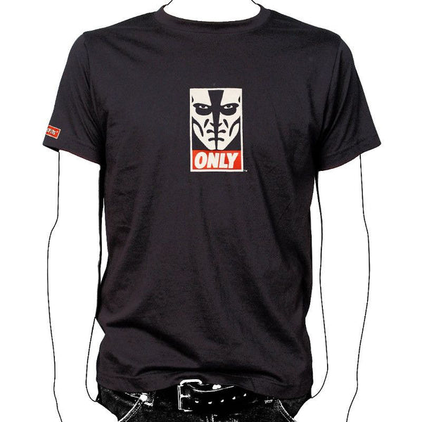 Black Only T-Shirt featuring a stylized face graphic and official Misfits text