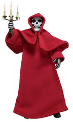 Skeleton figure in red hooded robe holding candelabra, Misfits Fiend clothed action figure