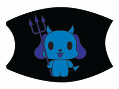 Cartoon blue devil dog character holding a purple pitch fork face mask design