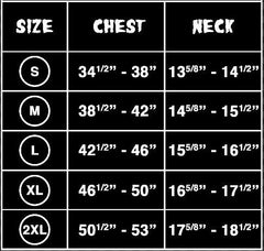Size chart for Osaka Popstar Giant Robot Work Shirt with chest and neck measurements