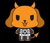 Cartoon dog character with devil horns in a skeleton costume for Skeleton Devil Dog T-Shirt