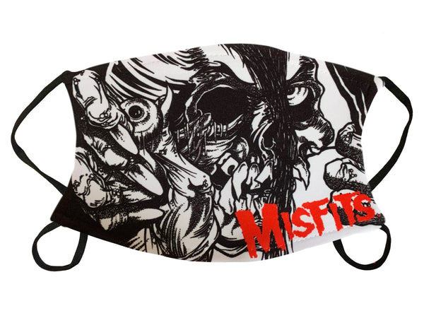 Face mask with black and white graphic design and red Misfits logo, Evil Eye logo face mask